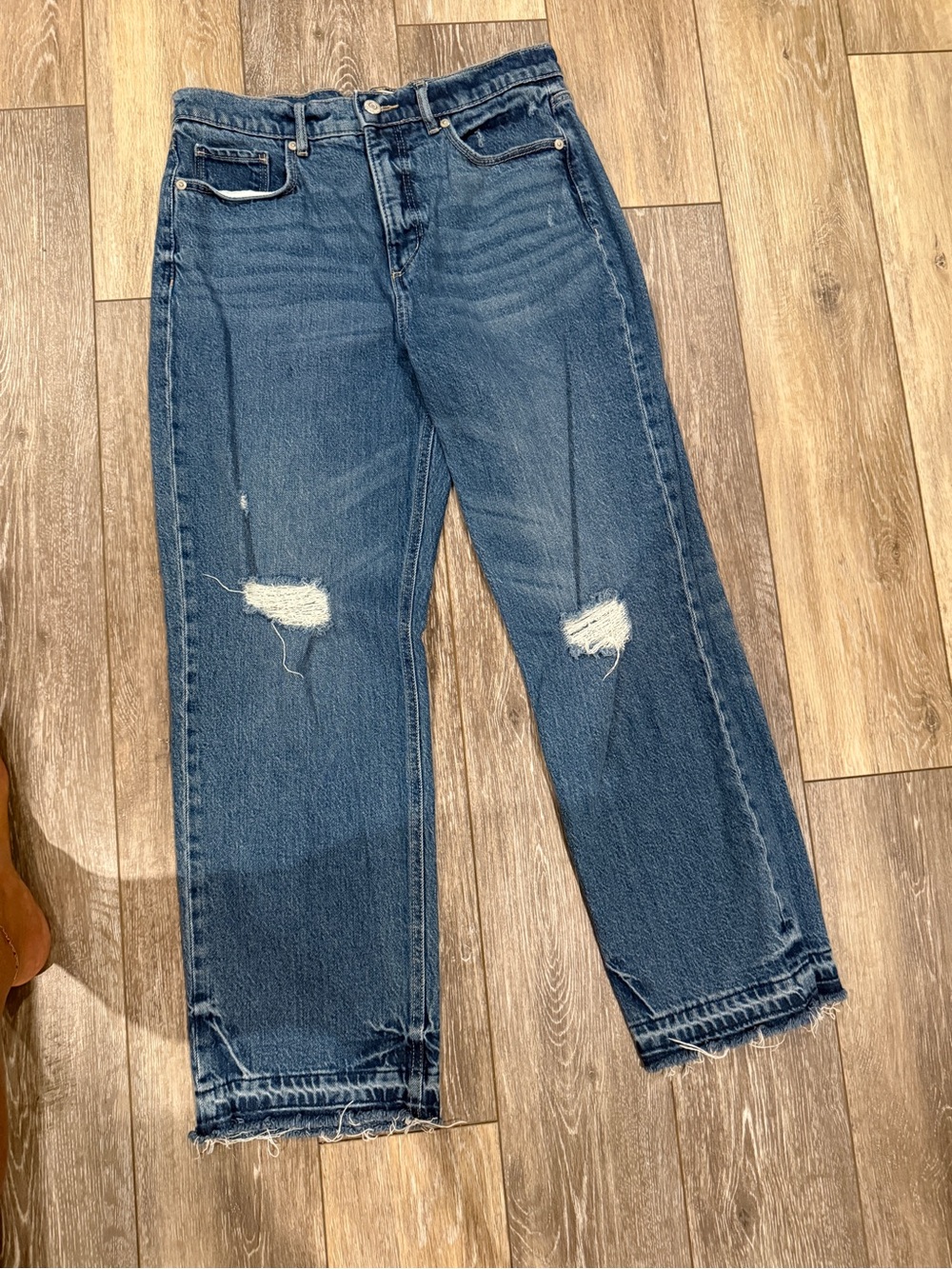 LOFT Dark Blue Distressed Boyfriend Jeans with Raw Hem